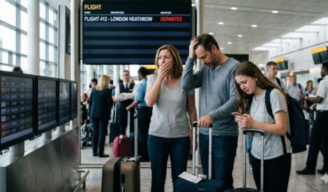 נוסעים מתוסכלים בנמל התעופה מסתכלים על לוח הטיסות בעקבות הקדמת טיסה של חברת טוס איירווייס (TUS Airways) ללא הודעה מוקדמת